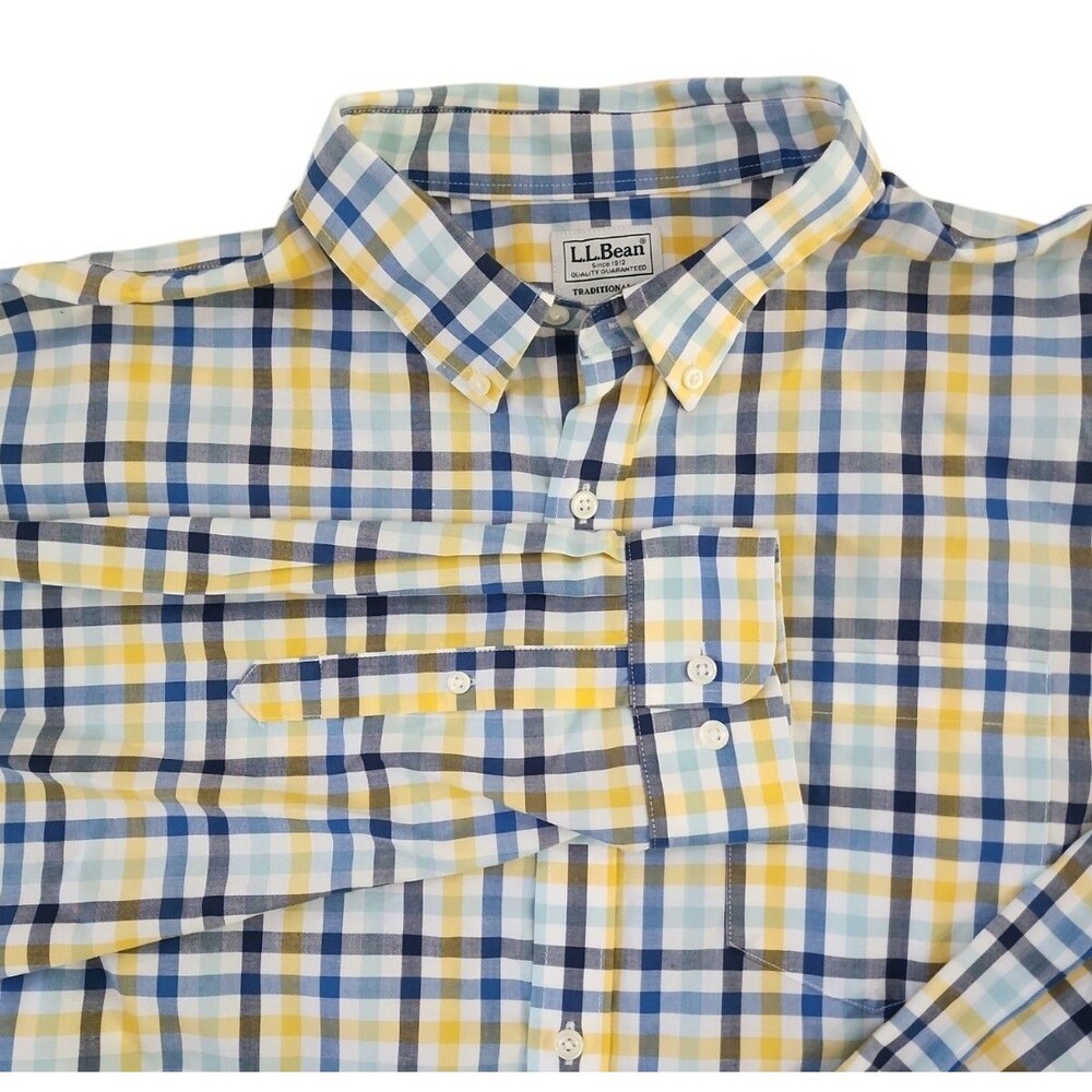 LL Bean Shirt Mens XL Reg Yellow Blue White Striped 100% Cotton Traditional Fit